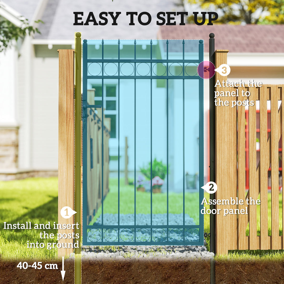 Galvanised Steel Garden Gate, Outdoor Fence Gate Security Barrier with Lock, Keys and Handle, Outdoor Entrance Way Door with Classic Finials, 105 x 204 cm, Black
