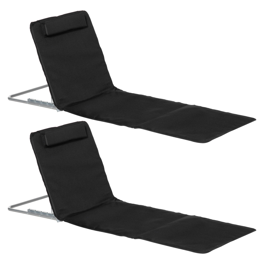MCL Set of 2 Foldable Garden Beach Chair Mat Lightweight Outdoor Sun Lounger Seats Adjustable Back Metal Frame PE Fabric Head Pillow w/ Carry Bag, Black