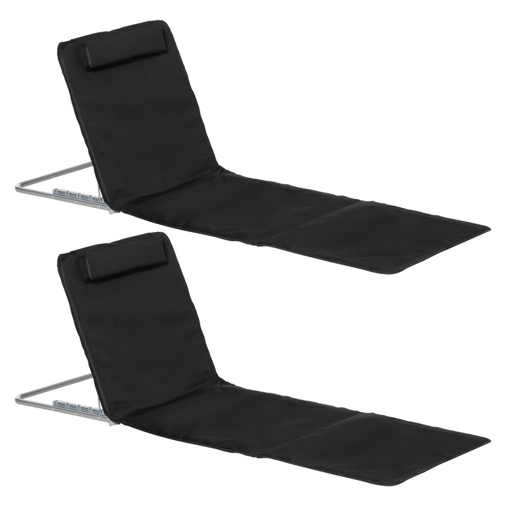 MCL Set of 2 Foldable Garden Beach Chair Mat Lightweight Outdoor Sun Lounger Seats Adjustable Back Metal Frame PE Fabric Head Pillow w/ Carry Bag, Black