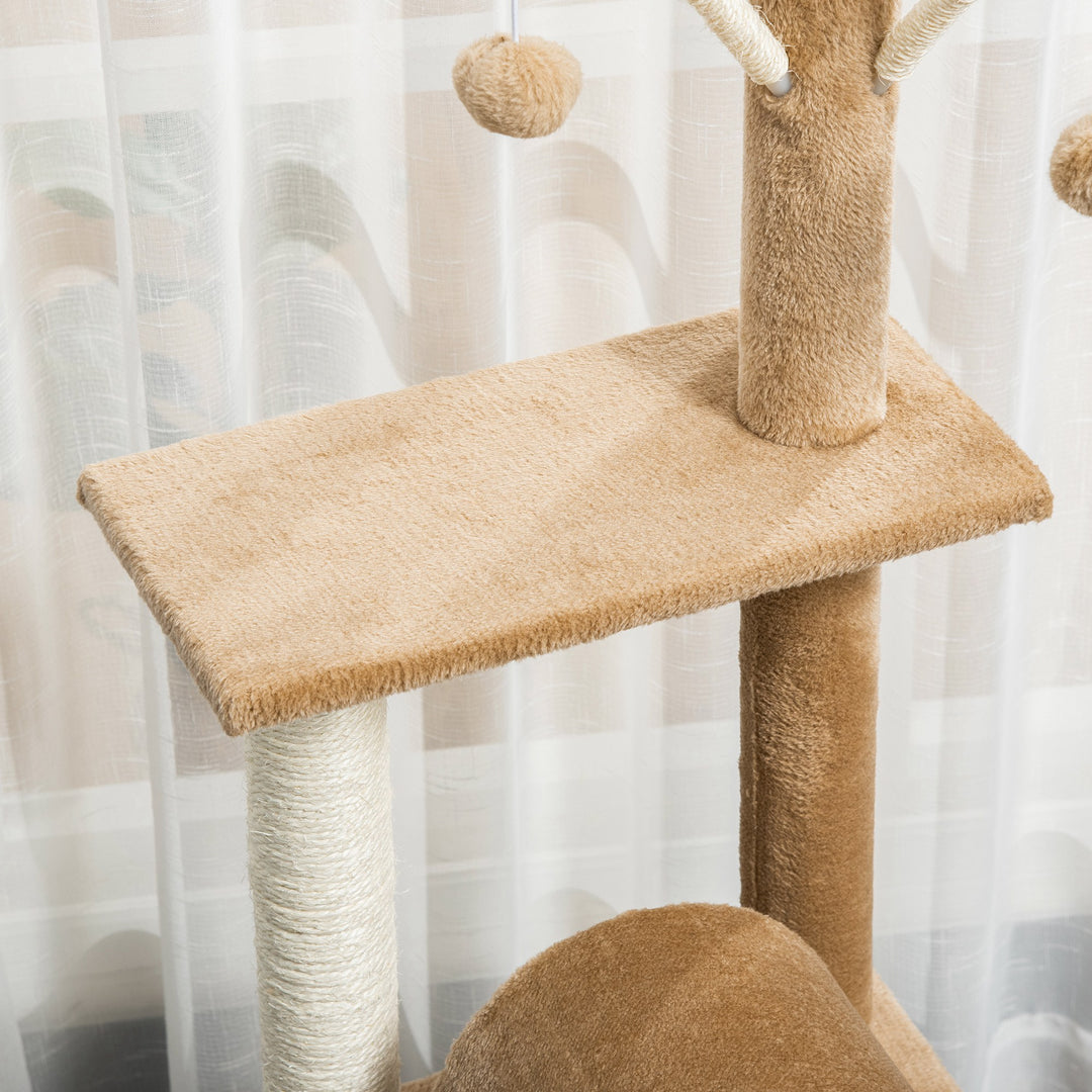 PawHut Cat Tree Tower, 121cm Kitten Activity Centre with Scratching Post, Bed Tunnel Perch, Interactive Ball, Brown | Aosom UK