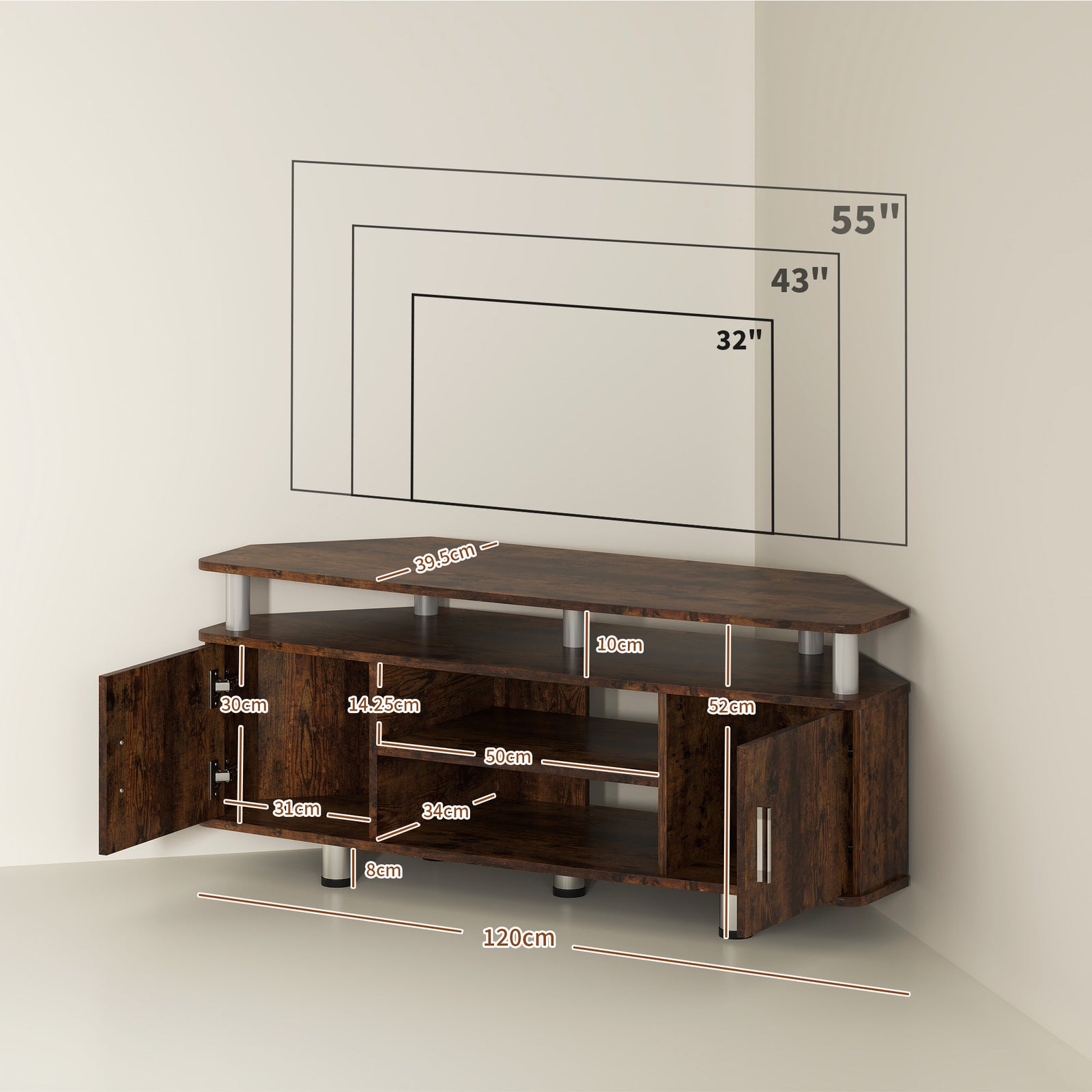 TV Unit Cabinet for TVs up to 55 Inches with Storage Shelves and Cupbo