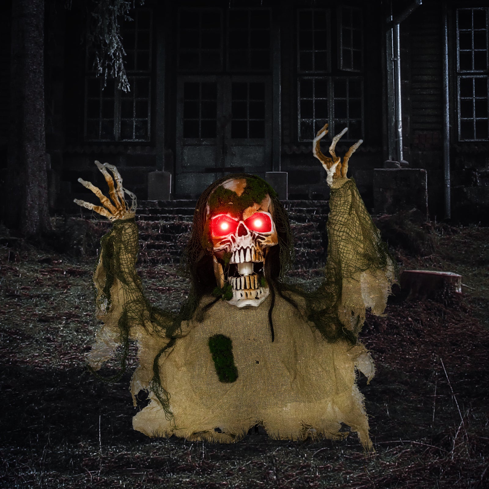 Outsunny Halloween Animated Skeleton with Glowing LED Eyes, Half-Body Scary Halloween Decorations, Battery Operated, Indoor Party Props