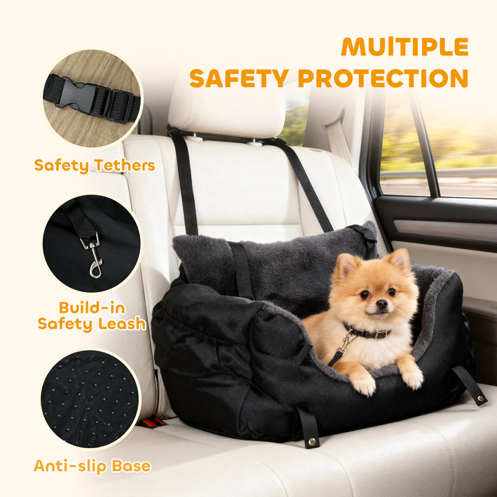 MCL Dog Car Seat for Small Dogs with Fixed Buckle, Safety Leash, Washable Cover, 58 x 45 x 28 cm, Black