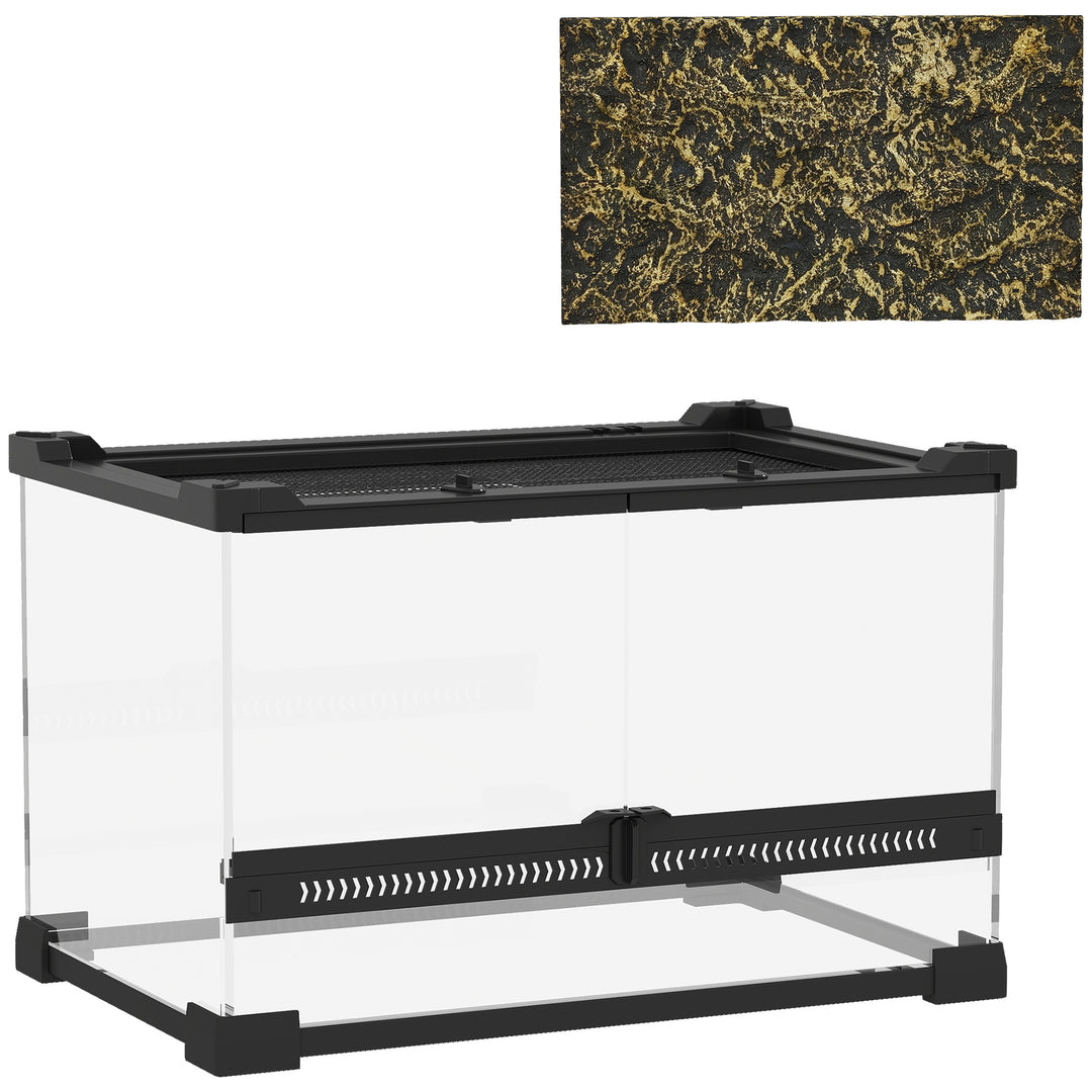 Reptile Glass Terrarium with Stone Background, Front Ventilation, Escape-Proof Knob Lock, 30 x 20 x 20 cm, Black
