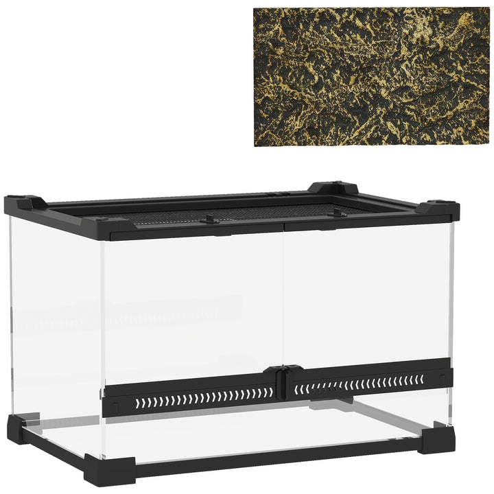 Reptile Glass Terrarium with Stone Background, Front Ventilation, Escape-Proof Knob Lock, 30 x 20 x 20 cm, Black
