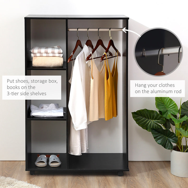Open Wardrobe on Wheels, Bedroom Wardrobe with Clothes Hanging Rail, 3 Storage Shelves, Mobile Garment Rack for Cloakroom, Hallway, Black