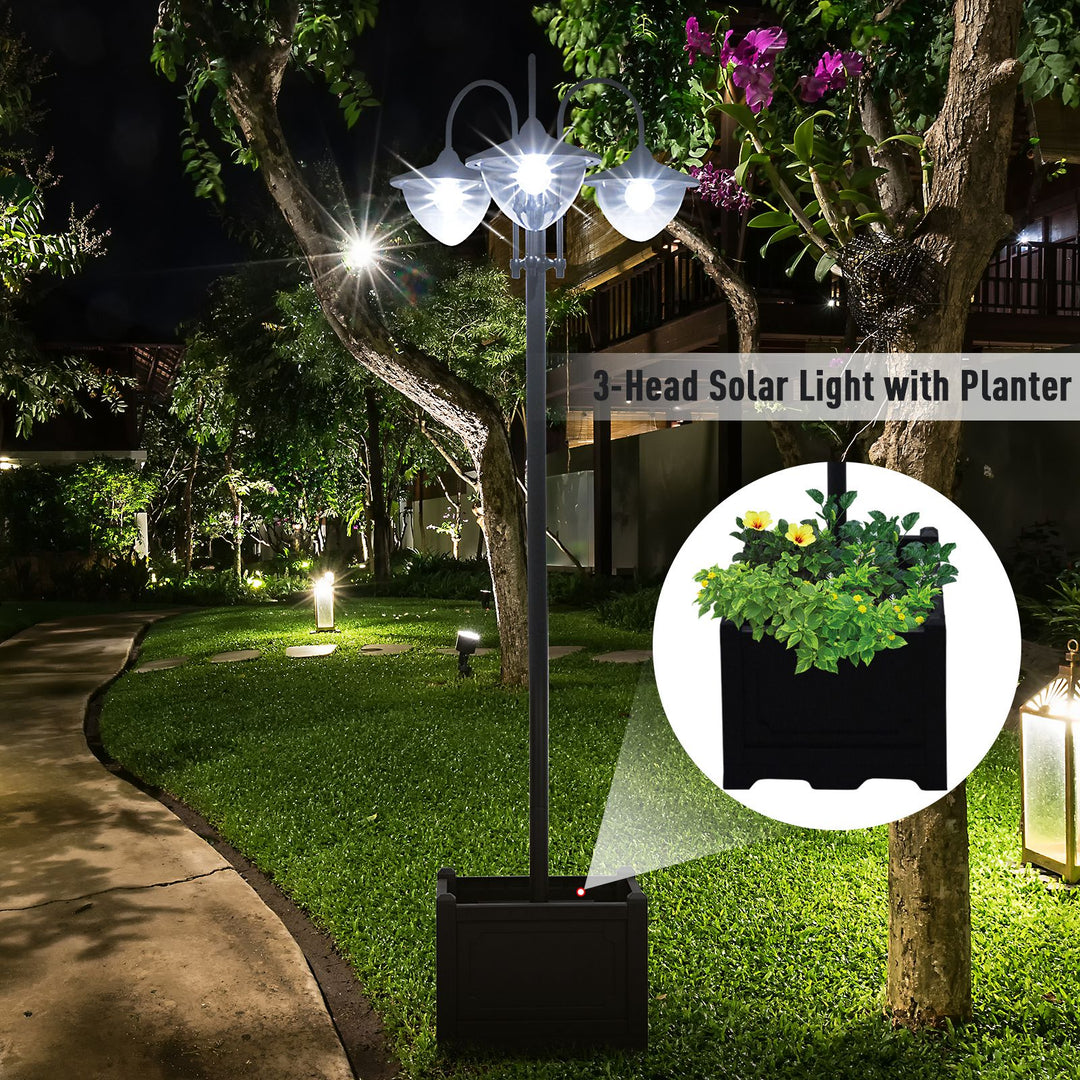 189cm 3-head Solar Lamp Post, Street Light with Planter, Automatic-on, 6 Hour Max Outdoor Ready LED Lighting, Black