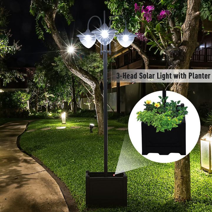 189cm 3-head Solar Lamp Post, Street Light with Planter, Automatic-on, 6 Hour Max Outdoor Ready LED Lighting, Black