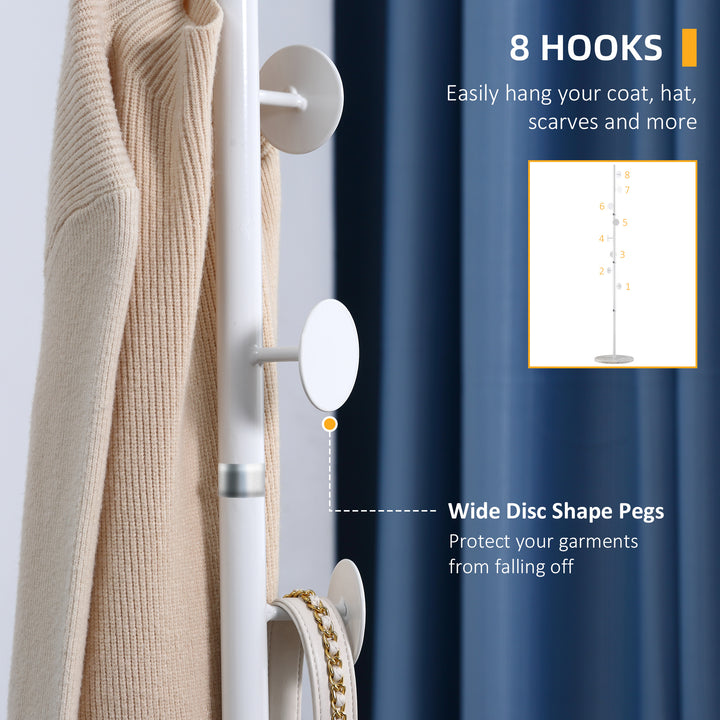 Coat Rack Free Standing Hall Tree with 8 Round Disc Hooks for Clothes, Hats,Purses, Steel Entryway Coat Stand with Marble Base for Entryway, Living Room, Bedroom, White