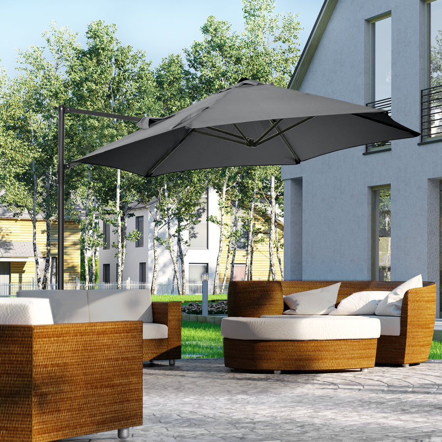 2.5M Garden Cantilever Parasol, Offset Roma Patio Umbrella Hanging Sun Shade Canopy Shelter with 360° Rotation and Cross Base, Dark Grey