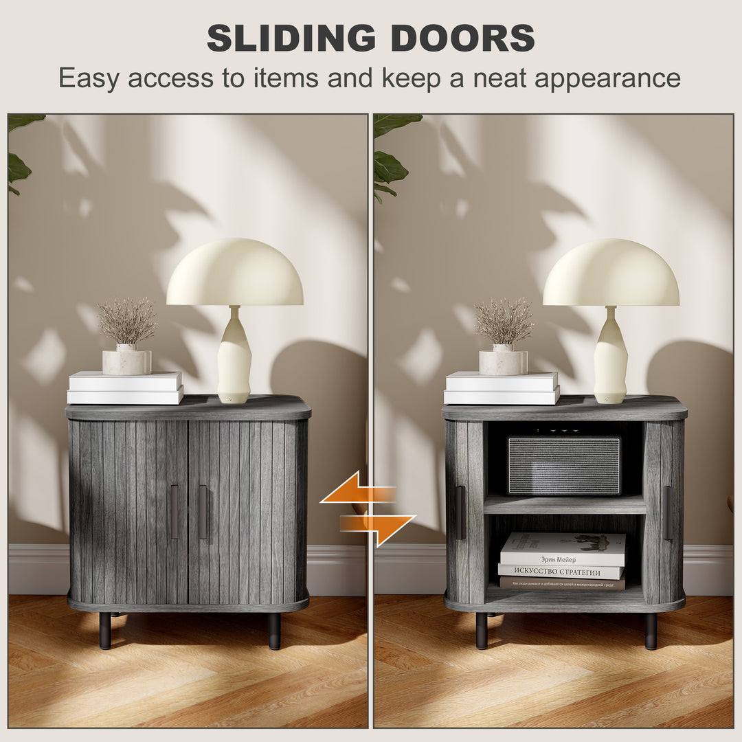 Bedside Table, Nordic Side Table with Roller Shutter Style Sliding Doors and Metal Legs for Bedroom, Living Room, Grey