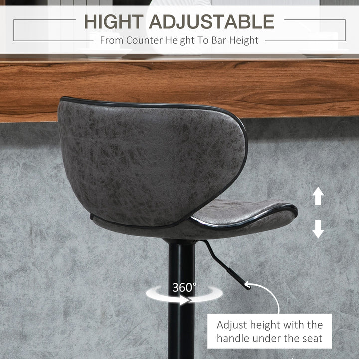 Adjustable Bar Stools Set of 2, Swivel Leathaire Upholstered Barstools with Large Seat, Breakfast Bar Chairs with Back, Footrest and Steel Base, Dark Grey