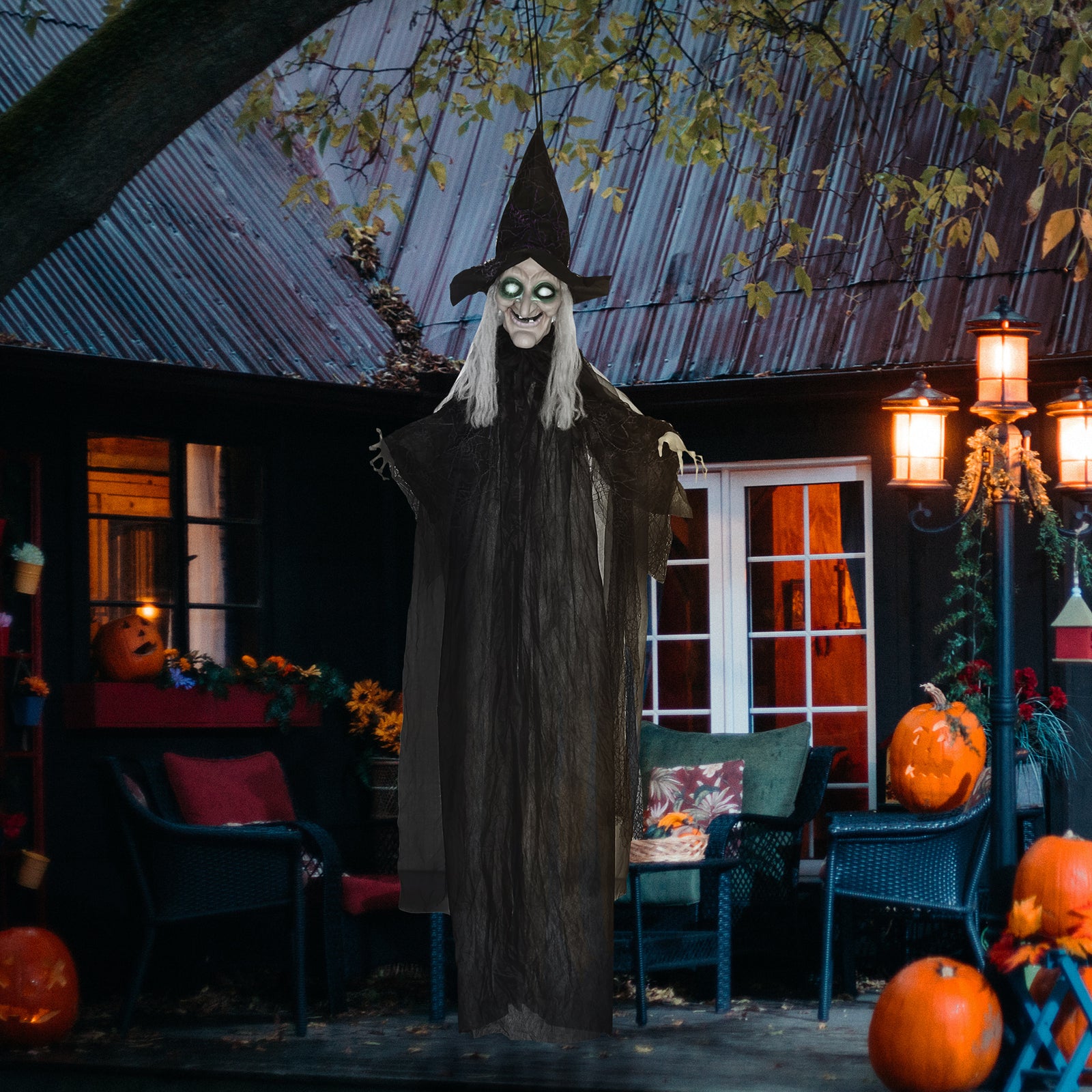 HOMCOM 6ft Outdoor Halloween Decoration Witch, Hanging Witch Prop Life Size with Sound and Motion Activated, Light Up Eyes, Talking Sound, Posable Arms
