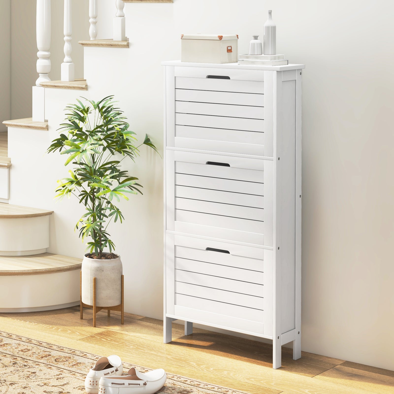 Narrow Shoe Cabinet with 3 Flip Drawers - White
