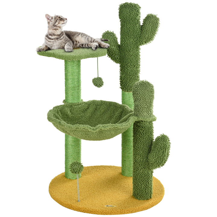 PawHut Cactus Cat Tree: Playful 82cm Chenille with Scratching Post & Hammock, Vibrant Green | Aosom UK