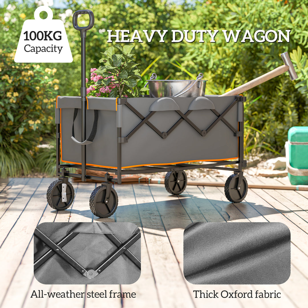 160L Festival Trolley on Wheels, Folding Camping Trolley Cart w/ Tailgate, 100kg Heavy Duty Garden Collapsible Folding Wagon w/Adjustable Handle, Carry Bag for Beach Picnic, Grey and Orange