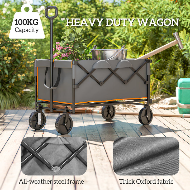 160L Festival Trolley on Wheels, Folding Camping Trolley Cart w/ Tailgate, 100kg Heavy Duty Garden Collapsible Folding Wagon w/Adjustable Handle, Carry Bag for Beach Picnic, Grey and Orange
