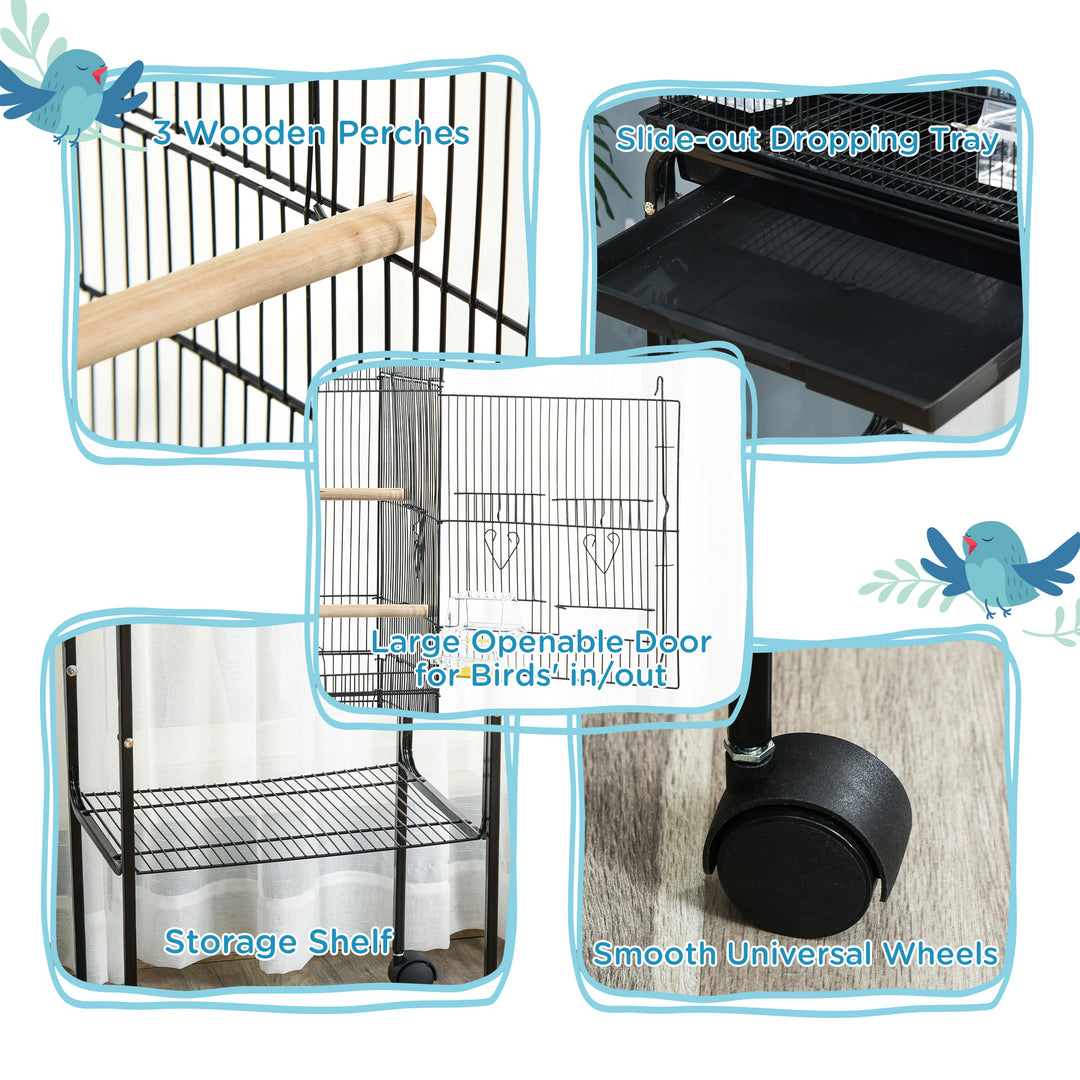 Bird Cage Budgie Cages for Finch Canary Parakeet with Stand Wheels Slide-out Tray Accessories Storage Shelf, Black