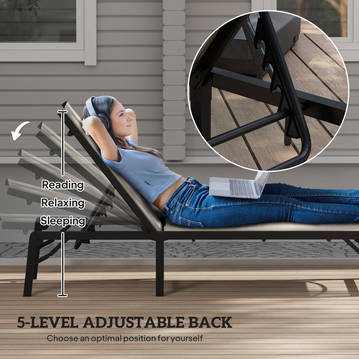 Folding Sun Lounger, 5-Position Adjustable Garden Chaise Lounge Sunbed, Steel Frame Reclining Chair for Beach, Porch, Patio, Camping, Khaki