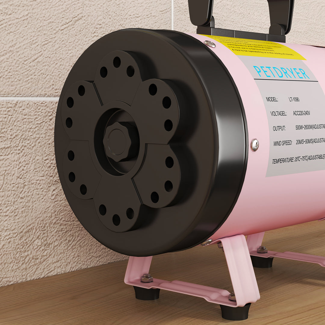 2200W Dog Hair Dryer with Adjustable Temperature & Velocity, 3 Different Nozzles, Pink