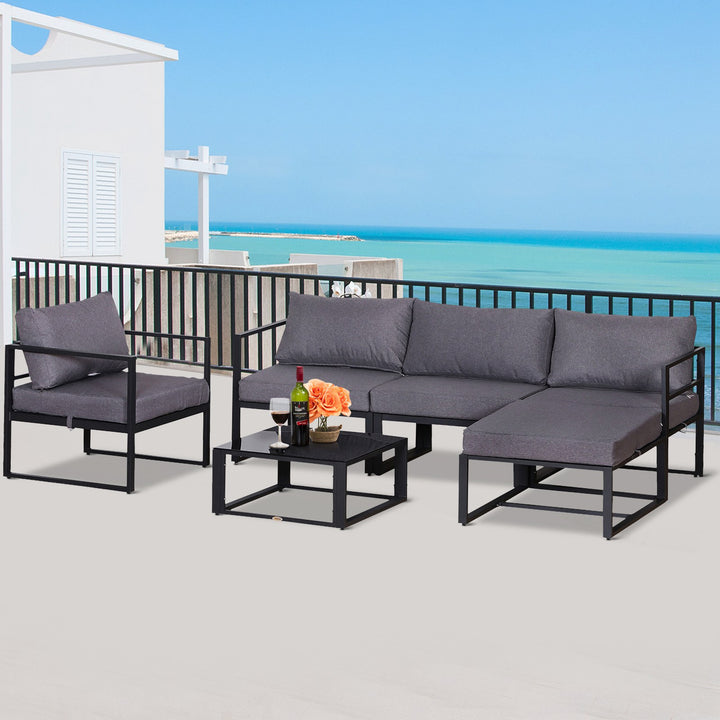 MCL 6 PCs Outdoor Indoor Sectional Sofa Set Thick Padded Cushions Aluminium Frame 5 Seaters 1 Coffee Table Footrest Grey