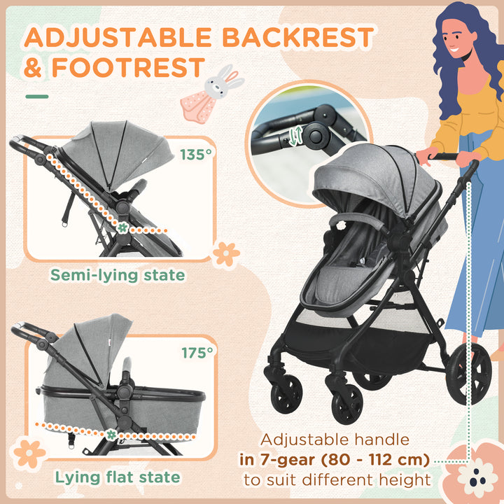 HOMCOM Pushchair 2 in 1, Lightweight Reversible Seat Stroller, Foldable & Fully Reclining for Newborn to 3 Years with 5-Point Harness, Grey