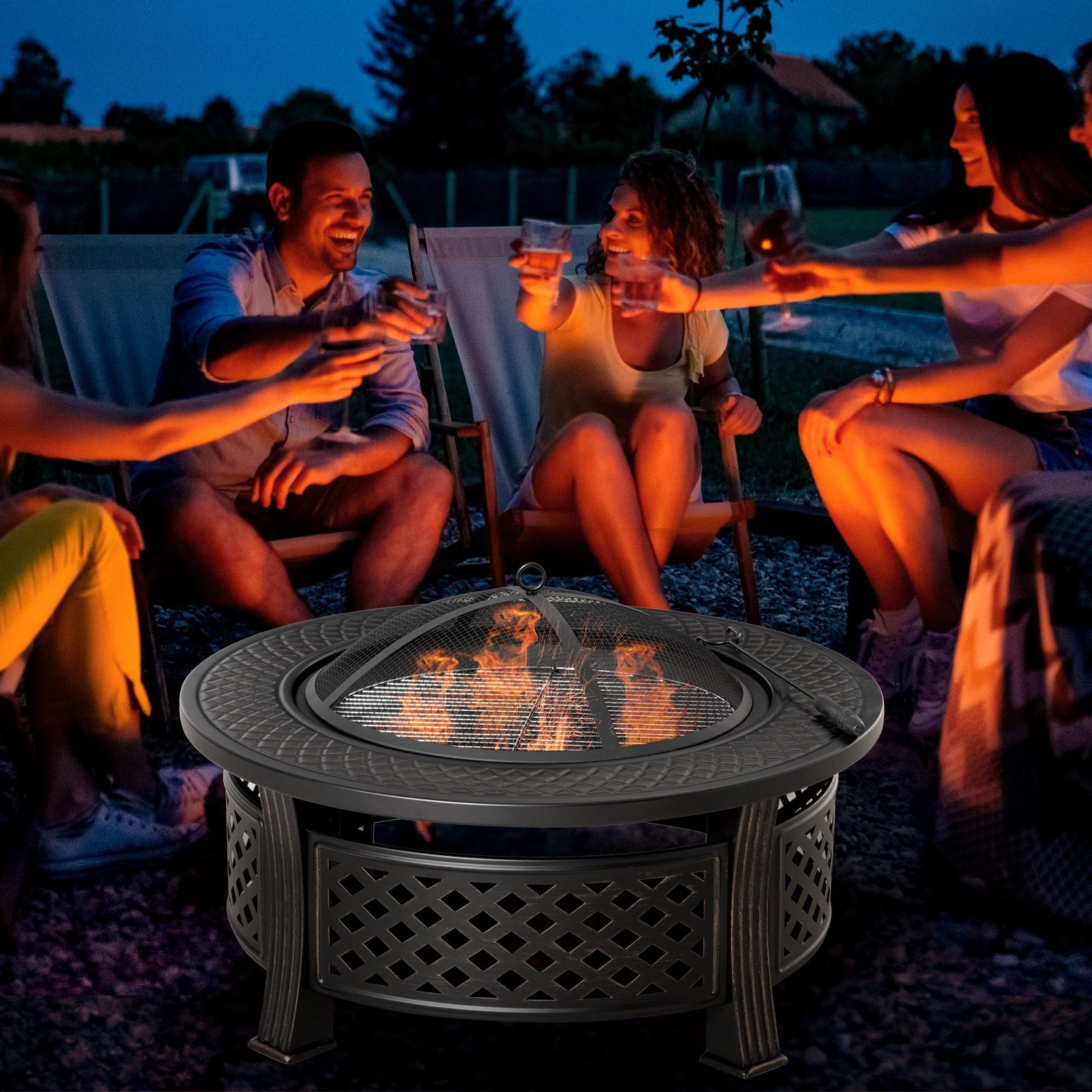 Outdoor Fire Pit, Firepit with Grill Net, Mesh Lid, Poker, for Camping