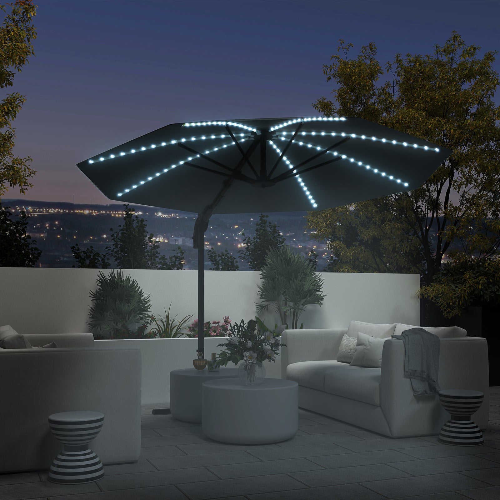 3(m) Cantilever Garden Parasol with Solar Powered Lights, Crank Handle & Cross Base, UPF 50+, 360° Rotation, Dark Grey