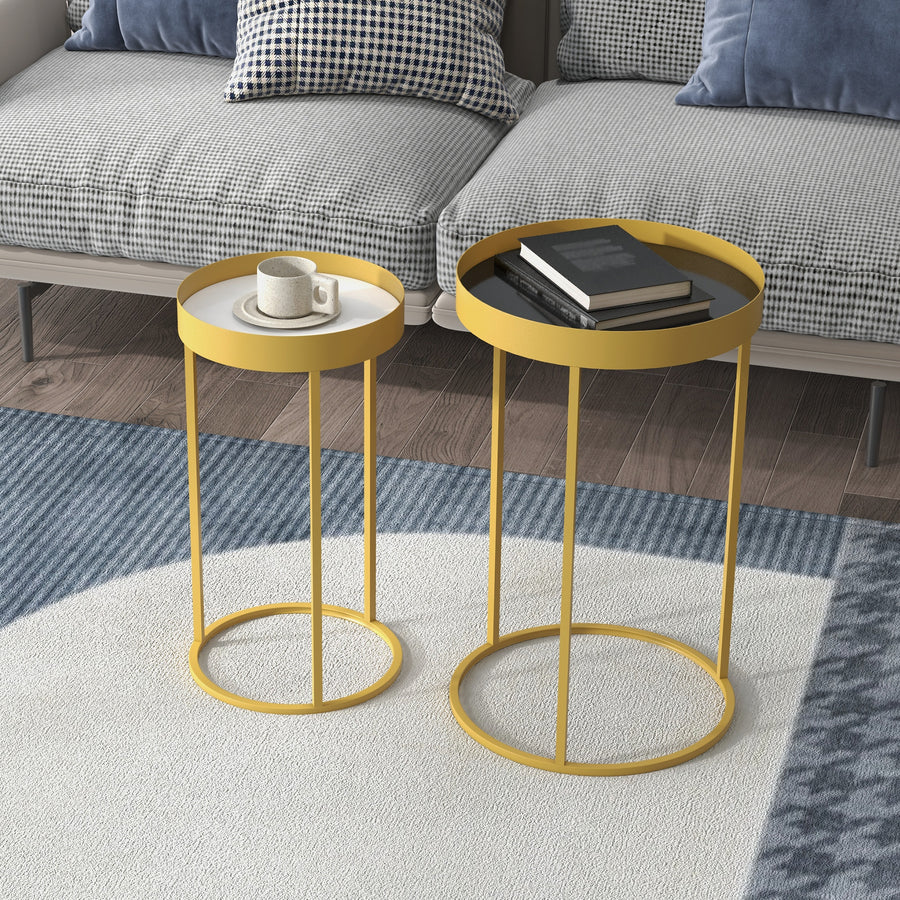 Nest of Tables, Round Coffee Table Set of 2, Nesting Tables with Embedded Tabletop and Metal Frame, Gold Side Table for Living Room, Bedroom