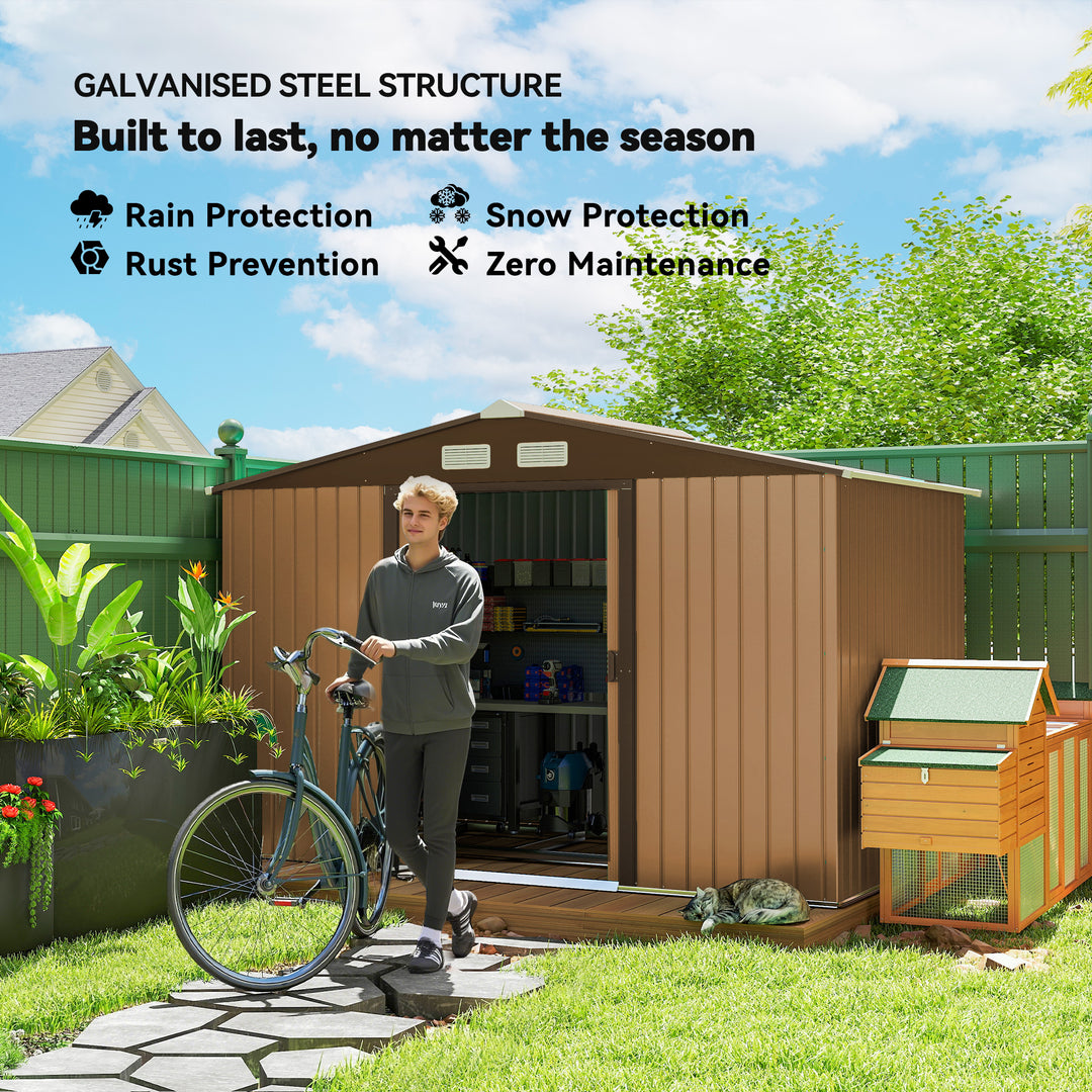 MCL 9 x 6ft Metal Garden Shed, Outdoor Storage Tool House with Ventilation Slots, Foundation Kit and Lockable Double Doors, Light Brown