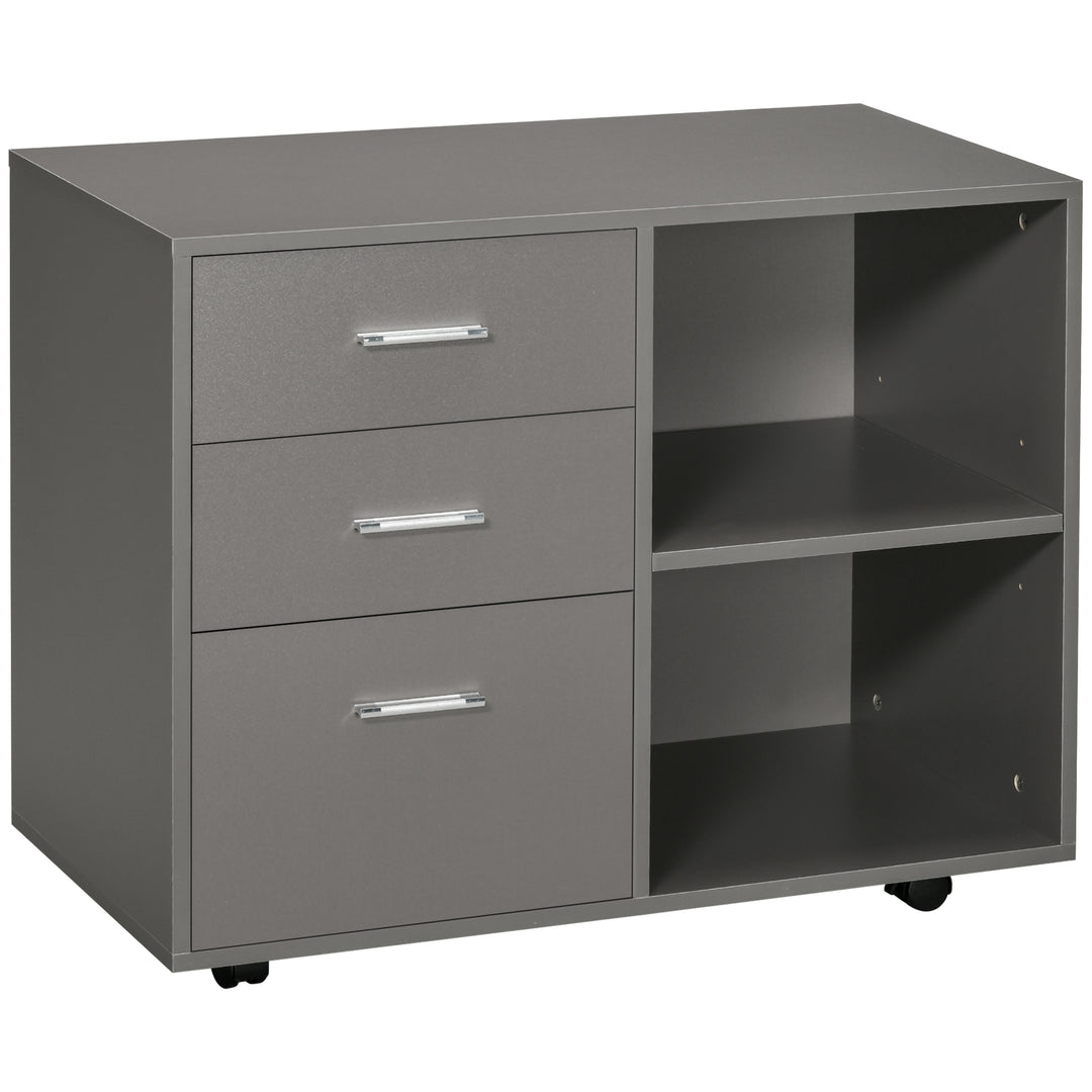 Freestanding Printer Stand Unit Office Desk Side Mobile Storage w/ Wheels 3 Drawers, 2 Open Shelves Modern Style 80L x 40W x 65H cm - Grey