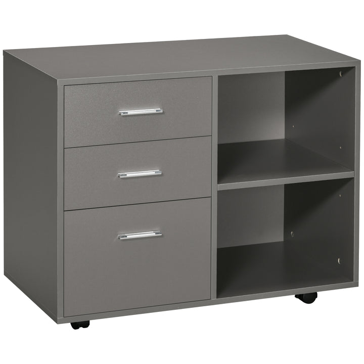 Freestanding Printer Stand Unit Office Desk Side Mobile Storage w/ Wheels 3 Drawers, 2 Open Shelves Modern Style 80L x 40W x 65H cm - Grey