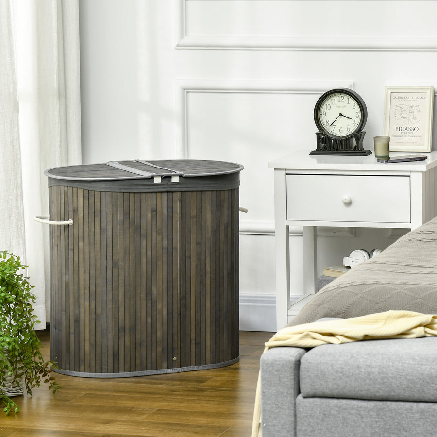 Bamboo Laundry Basket with Lid, 100 Litres Laundry Hamper with 2 Sections, Removable Washable Lining, Washing Baskets, 62.5 x 37 x 60.5cm, Grey