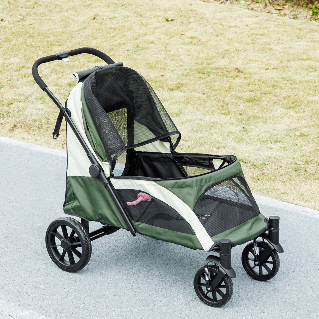 Foldable Pet Stroller for Large Dogs with Four Big Wheels, Shock-Absorbing Frame, Safety Leashes, Brakes, Dark Green