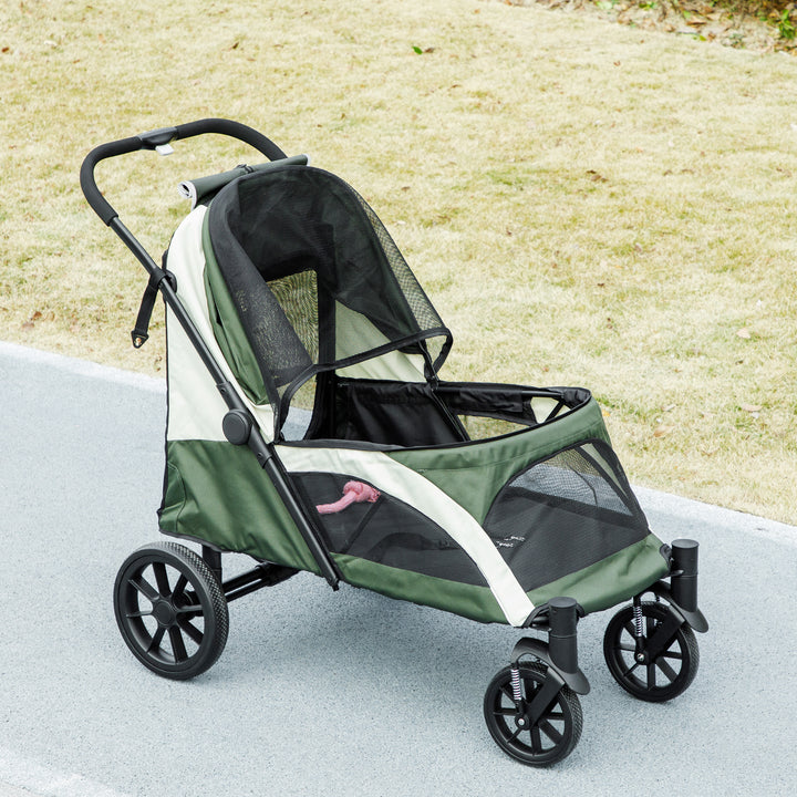 Foldable Pet Stroller for Large Dogs with Four Big Wheels, Shock-Absorbing Frame, Safety Leashes, Brakes, Dark Green