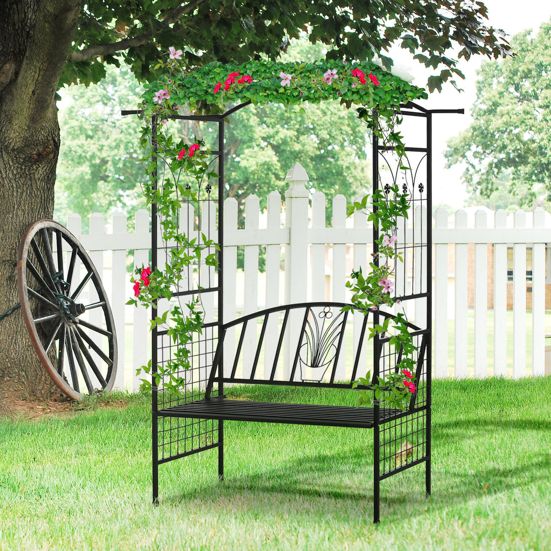 Steel Frame Outdoor Garden Arch w/ 2-Seater Bench Flower Climber Black
