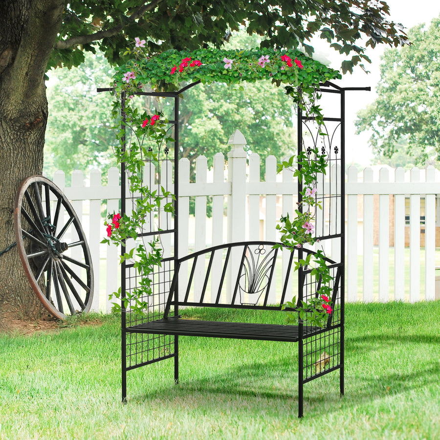 Steel Frame Outdoor Garden Arch w/ 2-Seater Bench Flower Climber Black