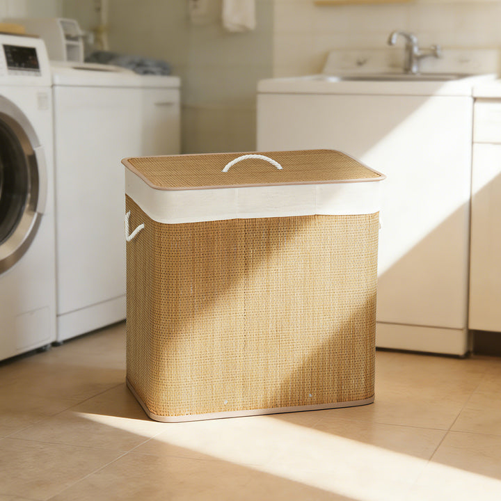 3 Section Laundry Basket with Lid, 144L Bamboo Laundry Hamper with Han