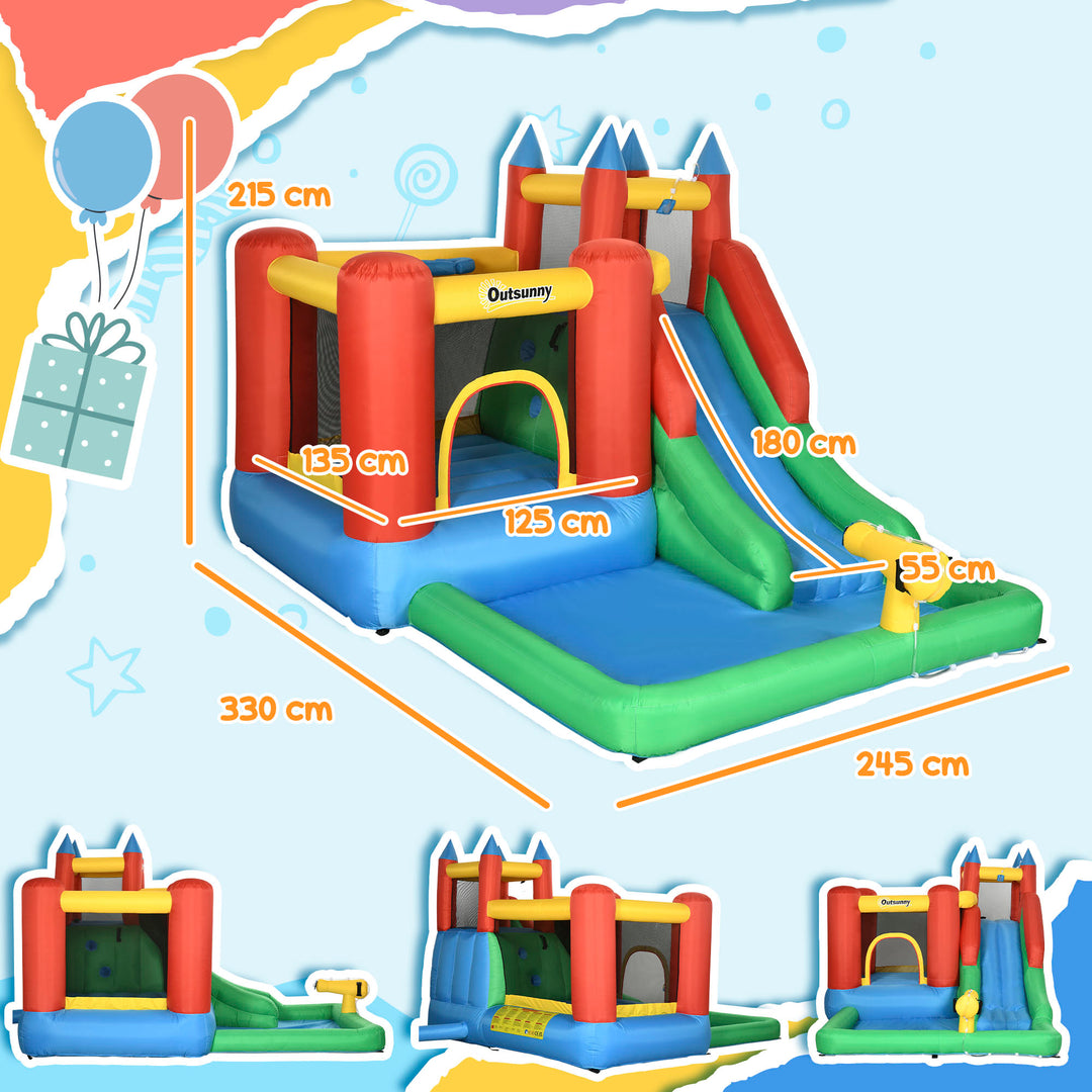 Outsunny Kids Inflatable Bouncy Castle Water Slide 6 in 1 Bounce House Jumping Castle Water Pool Gun Climbing Wall Basket for Summer Playland