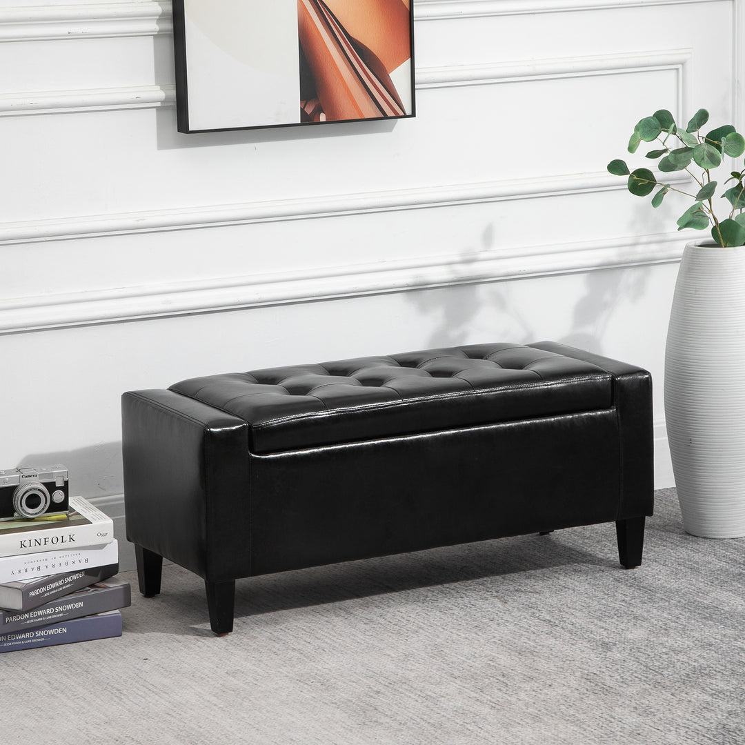 HOMCOM Ottoman Storage Bench, PU Leather Chest with Tufted Lid, Versatile Flip Top, 92L x 40W x 40H cm, Black | Aosom UK