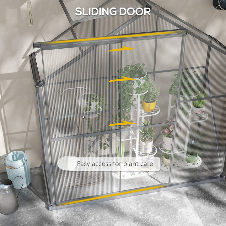 6 x 2.5ft Polycarbonate Greenhouse Walk-In Green House with Rain Gutter, Sliding Door, Window, Foundation, Dark Grey