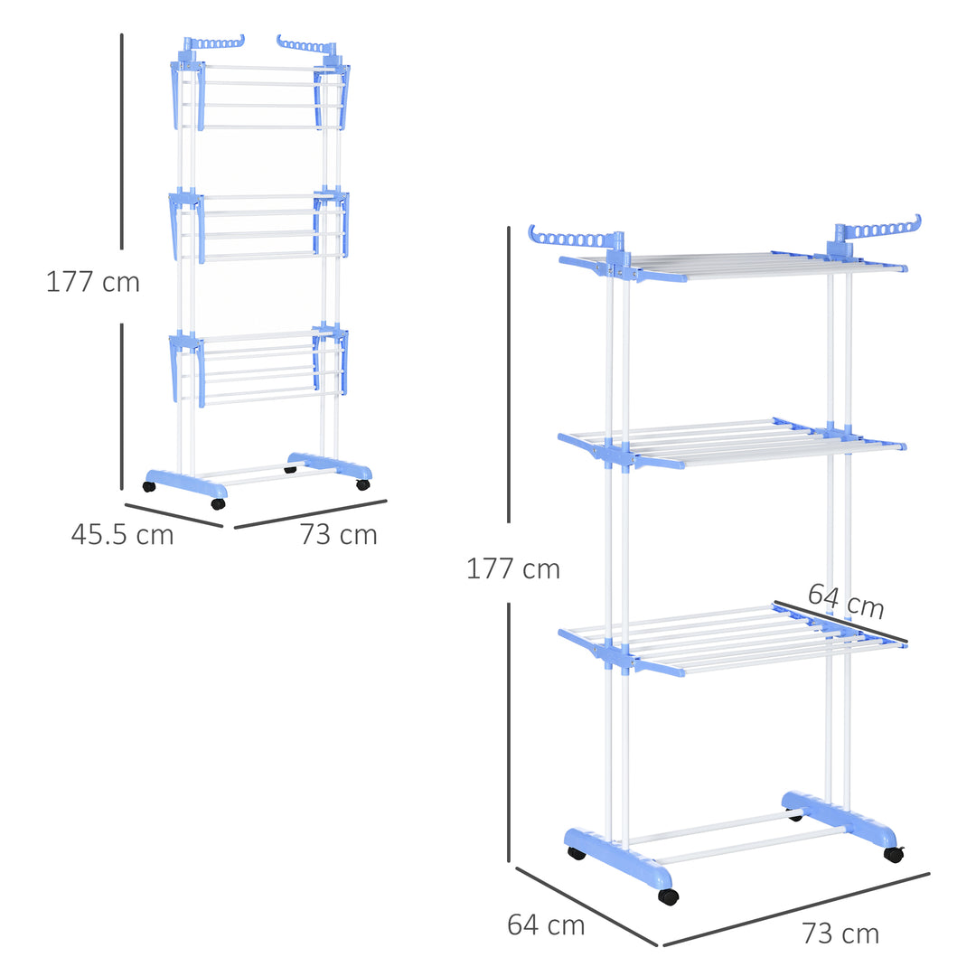 MCL Foldable Clothes Drying Rack, 4-Tier Steel Garment Laundry Rack with Castors for Indoor and Outdoor Use, Blue
