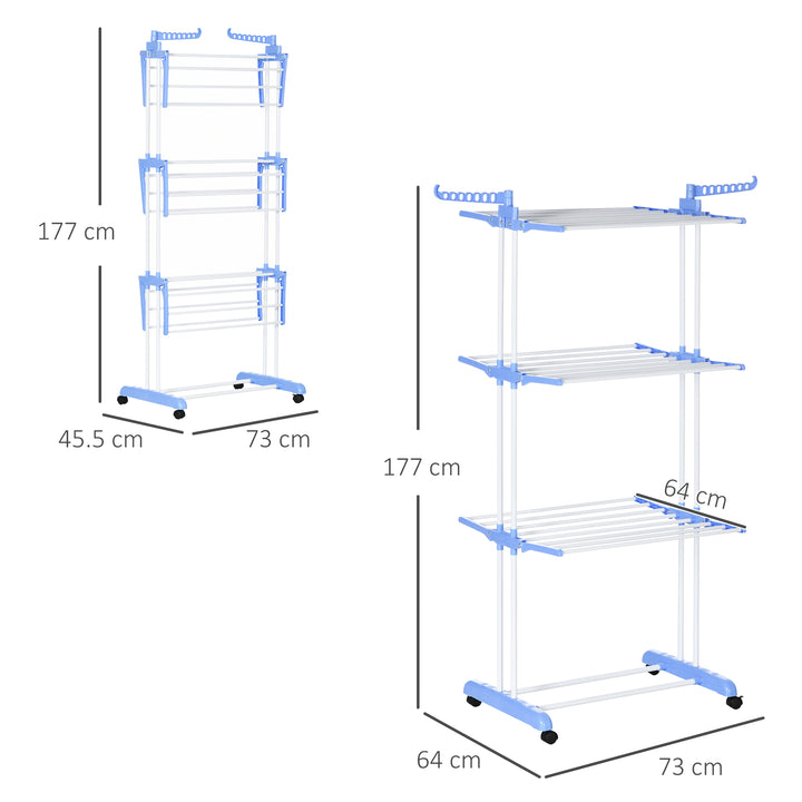 MCL Foldable Clothes Drying Rack, 4-Tier Steel Garment Laundry Rack with Castors for Indoor and Outdoor Use, Blue