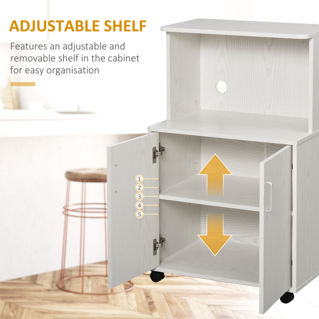 Kitchen Storage Unit, Modern Microwave Stand Trolley Cart, Sideboard with Cabinet, Locking Wheels, Shelf for Living Room, Dining Room, White