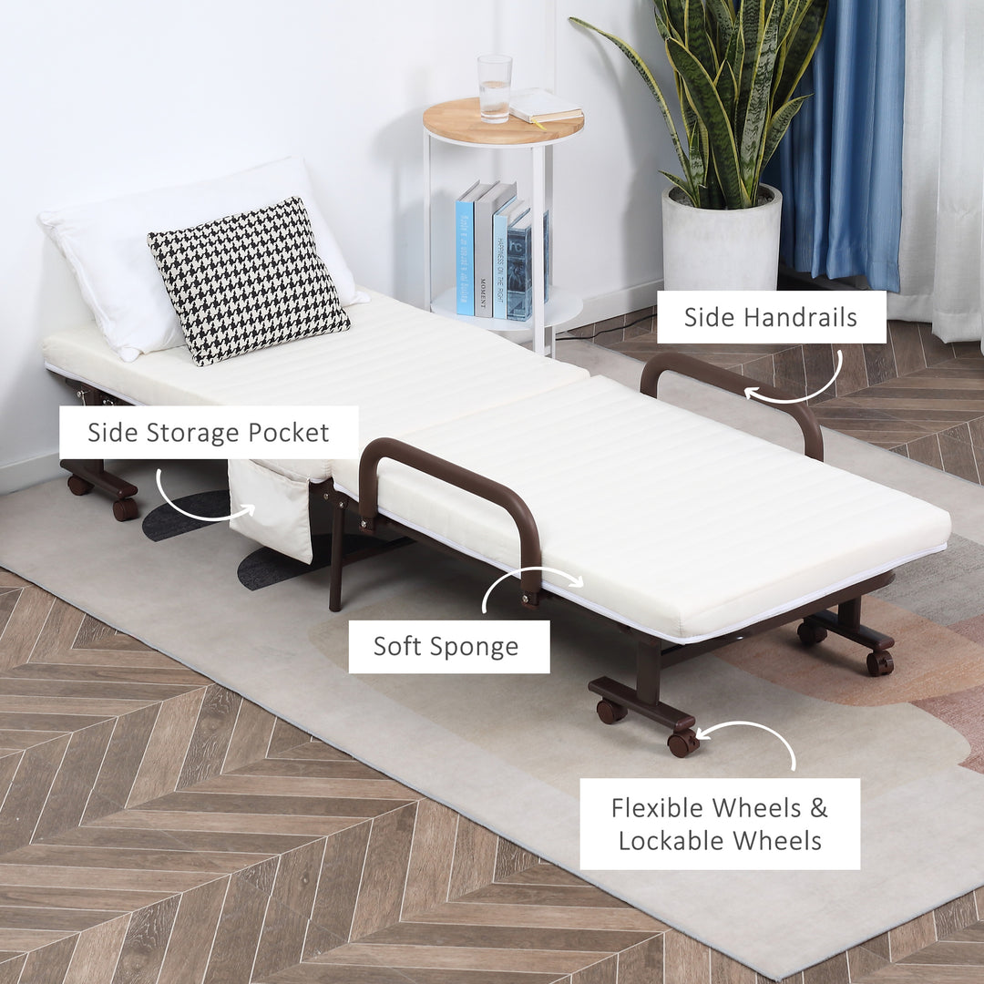 Folding Bed with Mattress, Single Guest Bed, Portable Fold Bed with Adjustable Backrest, Metal Frame on Wheels, White, 190 x 76 cm