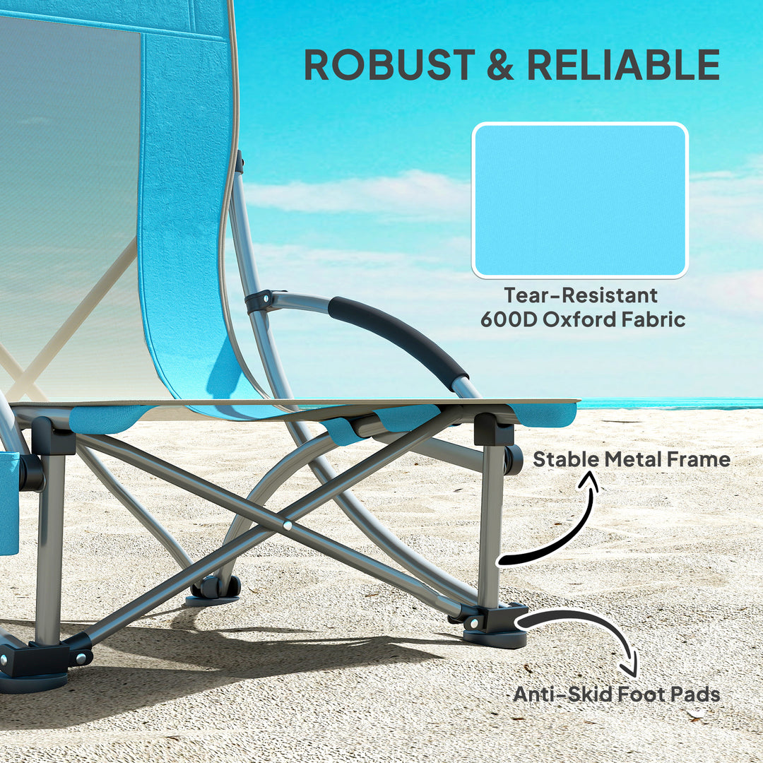 Set of 2 Folding Beach Chair, Low Camping Chair with Mesh Back, Carry Bag and Cup Holder for Garden Outdoor Picnic Festival Travel, Blue