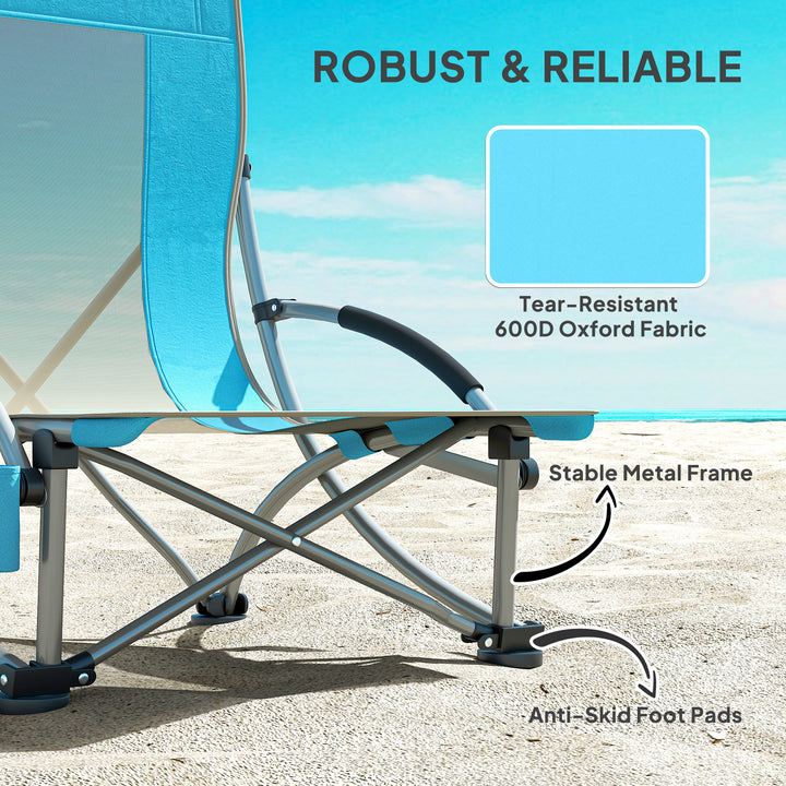Set of 2 Folding Beach Chair, Low Camping Chair with Mesh Back, Carry Bag and Cup Holder for Garden Outdoor Picnic Festival Travel, Blue