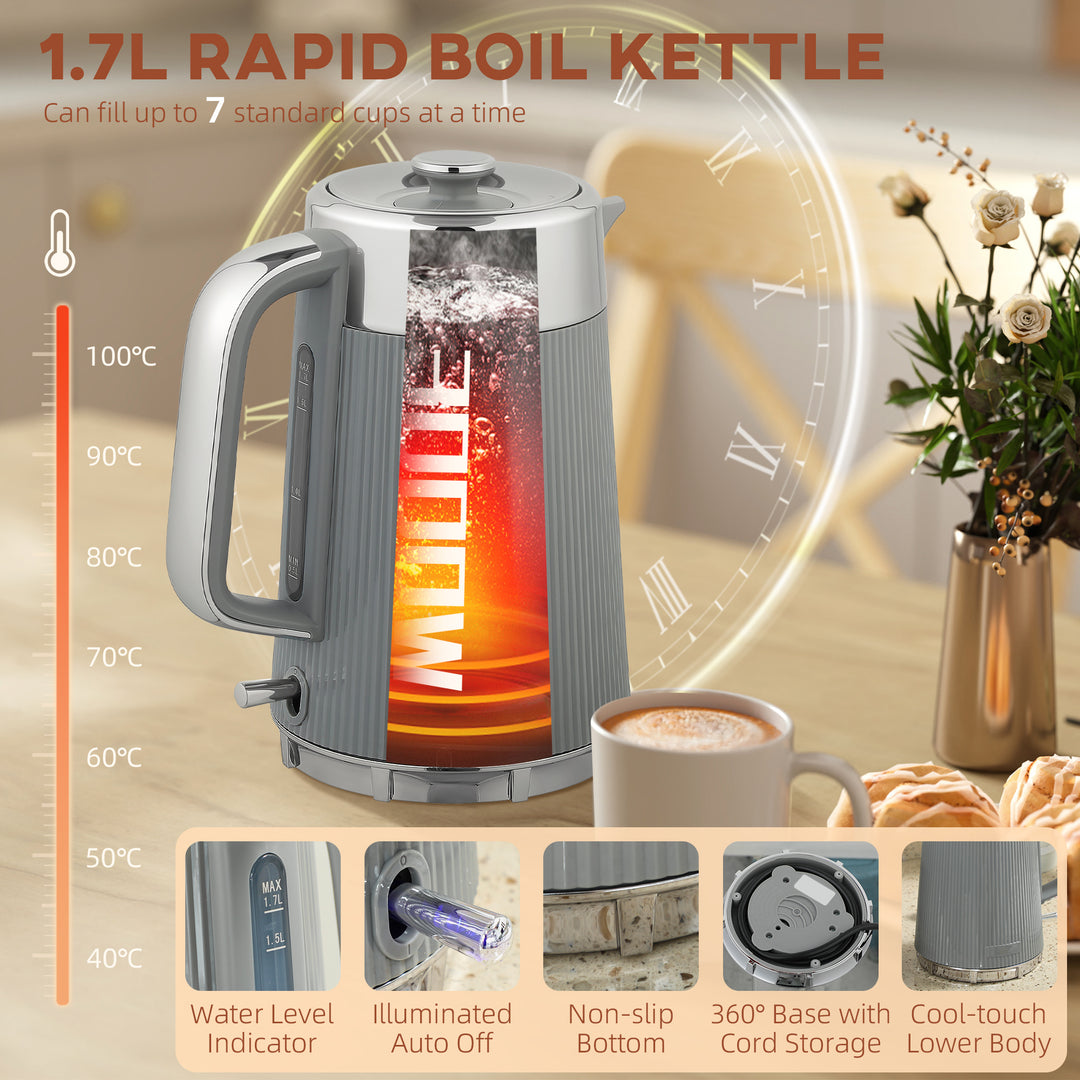 Electric Kettle and Toaster Set, 3000W 1.7L UK Strix Thermostat Rapid Boil Jug Kettle with Limescale Filter, Cool Touch Body, 4 Slice Toaster with 7 Browning Controls, Crumb Tray, Tan