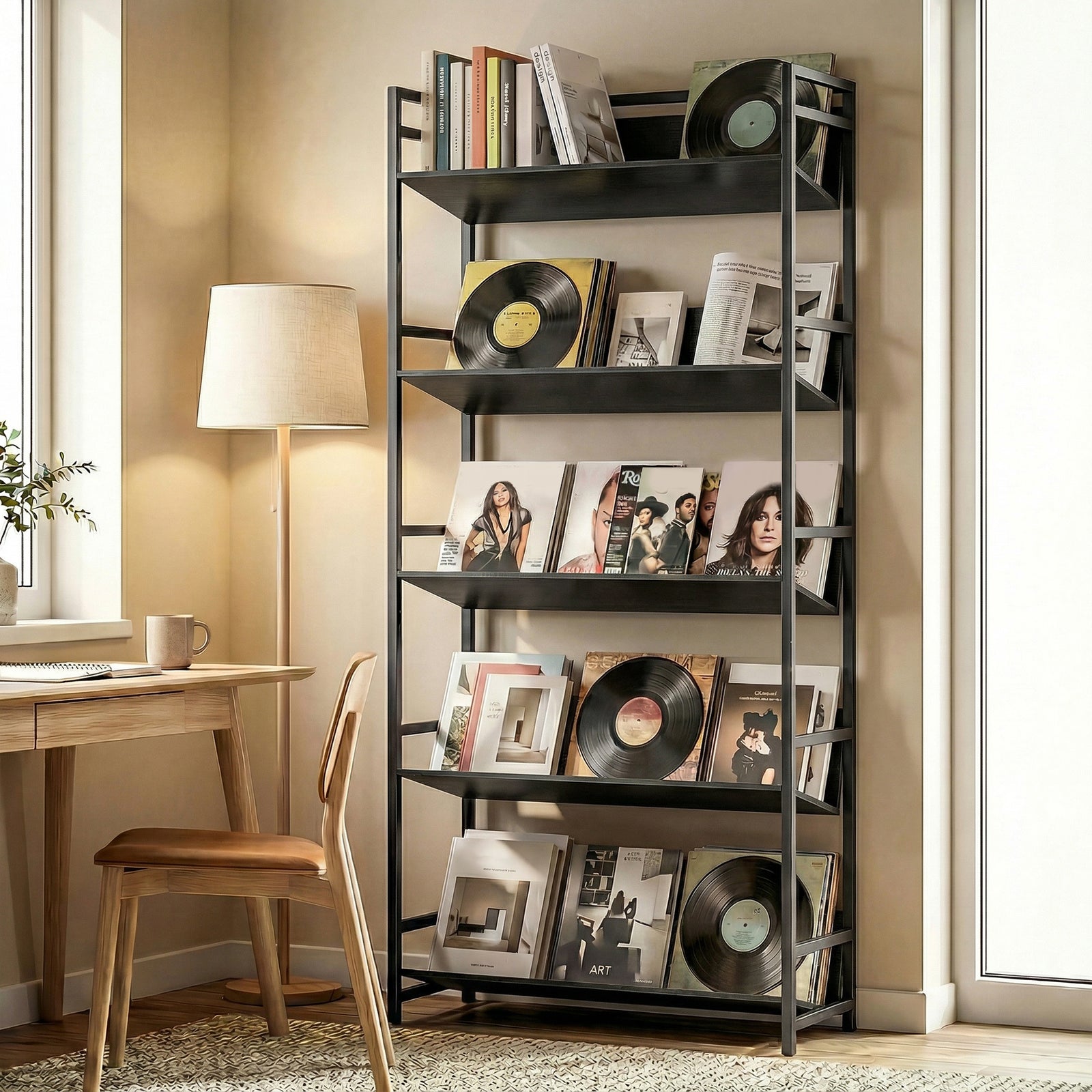 Bookshelf 5-Tier Metal Frame Bookcase Storage Shelves for Living Room 