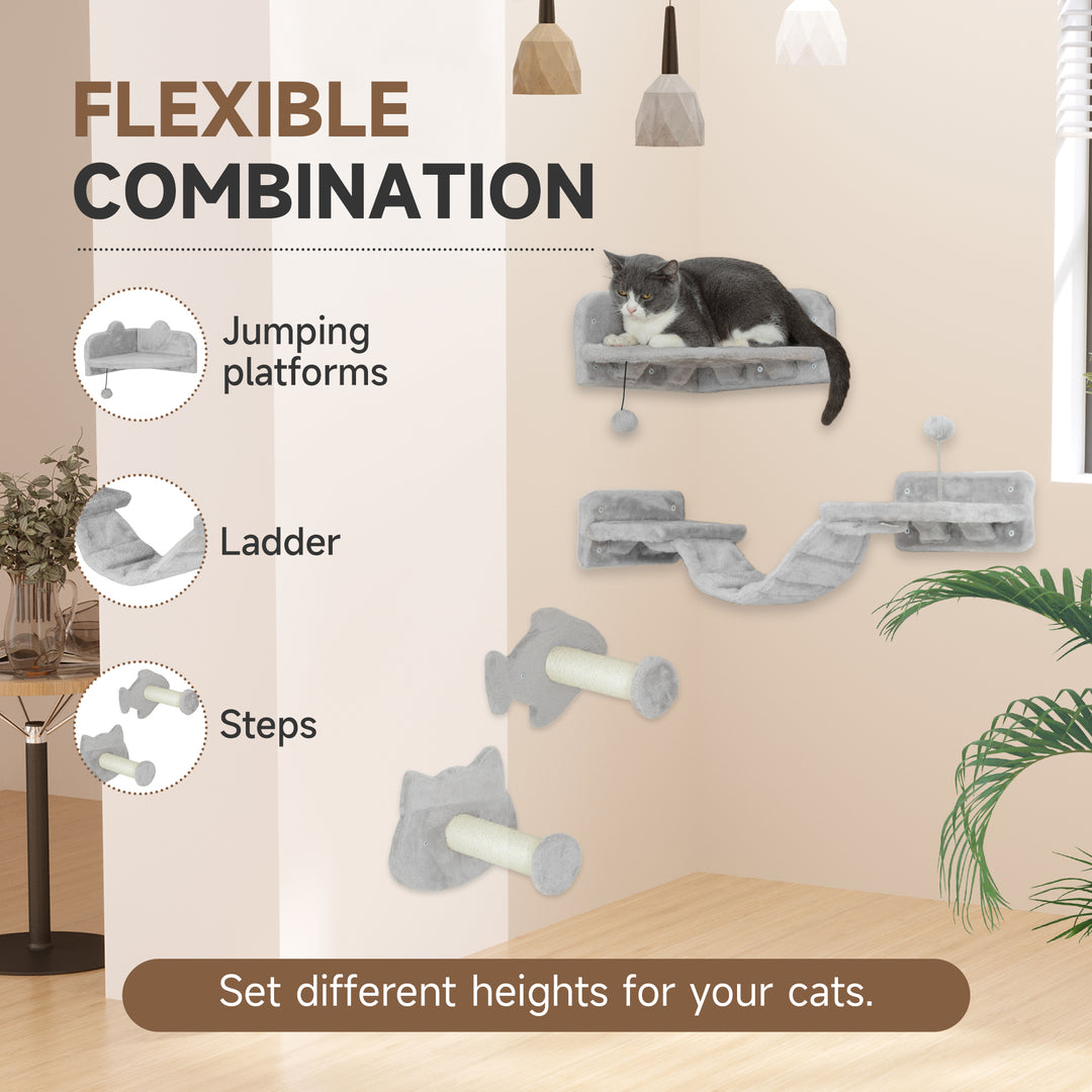 4-Piece Cat Wall Shelves with Steps, Ladder, Jumping Platforms, Light Grey